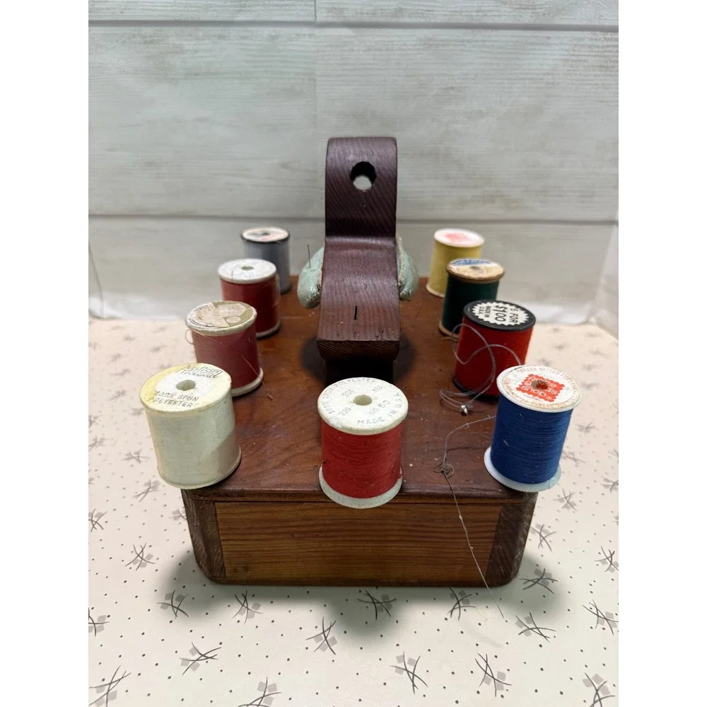 Vintage Wooden Bird Sewing Caddy Thread Organizer Pin Cushion with 20 Spools